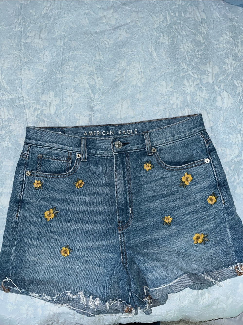American Eagle Blue Denim Shorts with Yellow Floral Embroidery 8